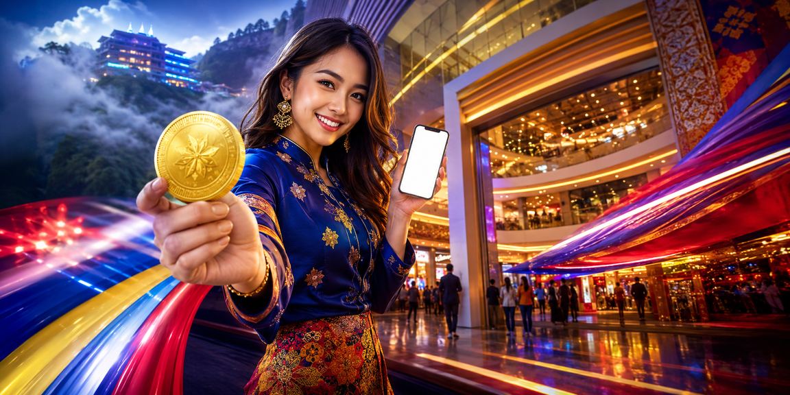 Paparan aplikasi kasino kakislot di telefon dengan latar belakang Genting Highlands Malaysia